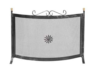 Parascintille curvo con decoro per camino - cm.70x65h. - in ferro battuto verniciato nero con pomoli in ottone