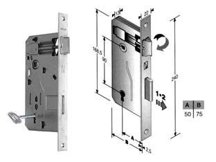 Serratura a bussola da infilare bordo quadro cromo opaco - mm.50 bordo cromo opaco - scatola in acciaio lucido, quadro maniglia mm.8 dotazione 1 chiave, interasse mm.90, frontale bordo quadro