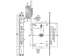Serratura triplice infilare c/scrocco d.mappa revers. blindate 7051 - chiave mm.92 (7051-01) - serratura a doppia mappa per porte blindate con scrocco azionato da chiave e da quadro maniglia, applicazione infilare, rever...