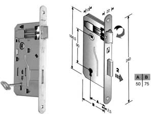 Serratura a bussola da infilare bordo tondo cromo opaco - mm.50 bordo cromo opaco - scatola in acciaio lucido, quadro maniglia mm.8 dotazione 1 chiave, interasse mm.90, frontale bordo tondo