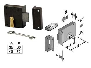 Serratura da applicare per cantine 188 - entrata mm.45 lunghezza mm.70 DX - in dotazione: 1 gaccia, 2 mostrine chiave e 2 chiavi