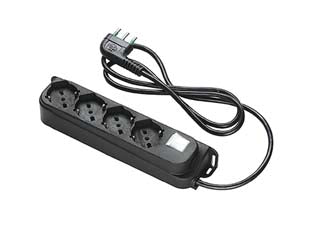 Multipresa 4 posti bipasso + schuko con interrutt. linea retail nera - nera 47421 - cavo mt.1,5 3G1 H5VV-F, 4 prese bipasso italo/tedesche 2P+T 16A, spina salvaspazio a 90° a squadra italiana 2P+T 16A, con aso...