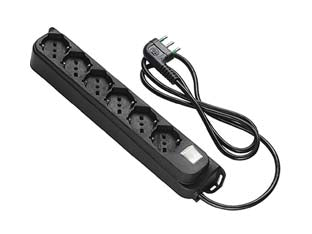 Multipresa 6 posti bipasso + schuko con interrutt. linea retail nera - nera 47431 - cavo mt.1,5 3G1 H05VV-F, 6 prese bipasso con schuko 2P+T 16A, spina salvaspazio a 90° a squadra 2P+T 16A, con asole di fissag...