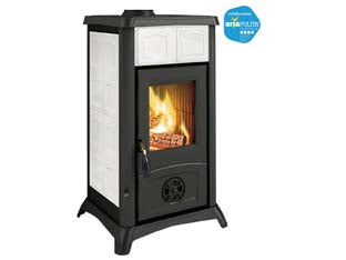 Stufa a legna gemma elegance 6 kw bianco infinity - misure cm.46x49,5x84h. - peso kg.85 - 6 Kw potenza nominale utile per mc.172 riscaldabili, rendimento 82,2%, consumo orario 1,7 kg/h., tubo uscita fumi ø cm.12, di...