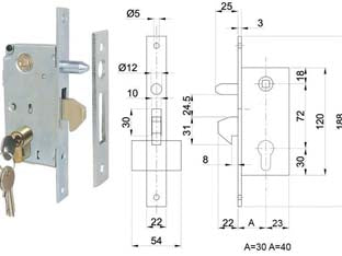Serrature infilare per cancello a gancio con perno - entrata mm.30 art.447/S - con cilindro sagomato, lunghezza cilindro mm.54, chiusura a 1 mandata e mezzo giro, catenaccio a gancio con punta smussata e ...