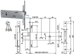 Serratura triplice da infilare doppia mappa per fasce mm.64 h 96311 - mm.90 (963110902) - chiusura triplice, agganci aste a vite, 3 chiavi da mm.79, frontale inox mm. 240x22x3, altezza cassa mm.64, quattro mandate, ...