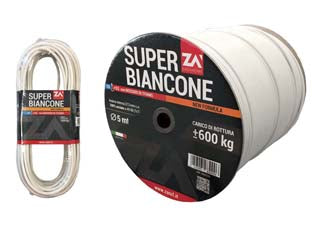 Cavetto acciaio rivestito in pvc bianco in acciaio zincato - ø mm.5 in rotoli mt.500 - in acciaio zincato 49 fili (7x7), rivestito in pvc bianco con biossido di titanio, resistente ai raggi solari, tenuta MAX Kg....