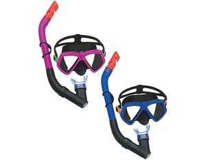 Maschera mare dominator e boccaglio + 7 anni - (art.24070) - maschera con lenti in policarbonato, boccaglio attacco bocca in silicone, 2 colori assortiti: nero,fucsia e arancione, nero, ...