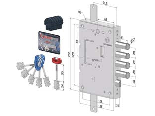 Serratura triplice applicare per porte blindate d.mappa int.28 240 - (2401DCR0328S56) - serratura reversibile, scatola in acciaio zincato mm.136x206 int.85, catenacci in acciaio cromato movimentati dalla chiave, s...