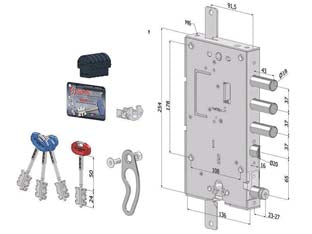 Serratura triplice applicare porte blindate d.m.+c.eur.rev. int.37 244 - (2441DCR0337S56) - scatola in acciaio zincato mm.136x254, serratura superiore a doppia mappa, 4 mandate, corsa mm.40, scrocco reversibile e chiu...