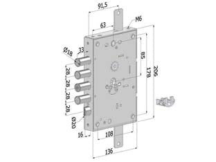 Serratura triplice p/porte blindate cilindro europeo revers.int.28 265 - (2651SCR0328CXX) - scatola in acciaio zincato mm.136x206, serratura a cilindro europeo con movimento ad ingranaggi, corsa mm.30, scrocco reversi...