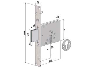 Serratura infilare profilo europeo 3 mandate 2051 - mm.60 (2051XZB6025) - scatola, frontale e copritoppa in acciaio zincato, catenaccio movimentato da chiave, fissaggio cilindro con vite di testa, co...