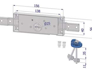 Serratura centrale doppia mappa per serranda c/catenaccio piegato 2205 - (2205XZB4508AB2) - scatola in acciaio zincato, serratura per serrande con chiave a doppia mappa, guidachiave componibile altezza mm.8, 2 mandate...