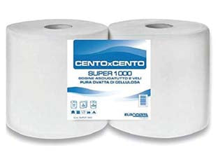 Bobina carta a rotolo super 1000 - cm.22X24,9h bancale 140 rotoli - a due veli pura ovatta di cellulosa, goffrata, 800 strappi, colore bianco, idonea al contatto con alimenti secchi, umidi o gr...