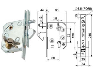 Serratura infilare a gancio per cancelli scorrevoli art.350.60 - mm.60 (350.60) - serratura a gancio da infilare con contropiastra per cancelli, gancio sporgente e cilindro sagomato sfilabile, scatola mm.95x...