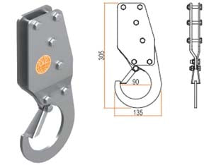 Gancio per sollevamento di sicurezza - mm.135x305 - portata kg.50, peso del gancio per sollevamento kg.2, con sistema autobloccante della fune, zincato, direttiva 2006/42/CE