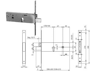 Serratura infil. fasce cat.+ scr. profilo europ. mm.64 h 96112 - mm.90 (961120902) - a cilindro profilo europeo, chiusura laterale, tre mandate da mm.12, frontale acciaio inox mm. 240x22x3, altezza cassa mm.64,...