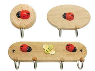 Gancio coccinella adesivo - 2 posti - in legno naturale con gancio in metallo