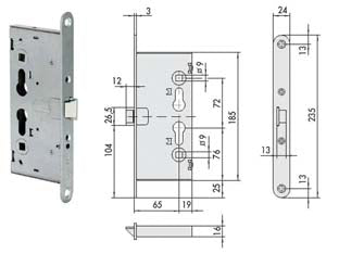 Elettroserratura da infilare per porte tagliafuoco antipanico 13110 - mm.65 (13110650) - frontale, scatola e scrocco in acciaio con rivestimento in zinco, quadro maniglia mm.9, ambidestra, 2 mandate, solo scrocco, ...