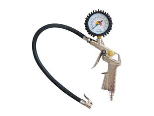 Pistola gonfiaggio con manometro con attacco rapido profilo germania - attacco 15/A - corpo alluminio nichelato, manometro mm 60, doppia scala Bar/Psi, pulsante scarico pressione, tubo gomma mm 400, max bar 10