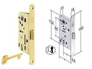 Serratura bitter infilare reversibile b. tondo acc. ott. lucido vern. - mm.50 bordo acciao ottonato lucido verniciato - scatola in acciaio, quadro maniglia mm.8, in dotazione 1 chiave, interasse mm.90, frontale bordo tondo, reversibile anche se ...