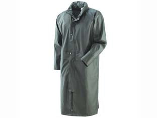 Impermeabile cappotto in poliuretano verde - tg.XL colore verde - in PVC/PU con supporto 100% poliestere, peso gr.300 mq., cappuccio fisso a scomparsa con elastico, aerazione sul dorso e sott...