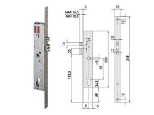 Elettroserratura da infilare per montanti con scrocco 16205 - mm.30 (16205300) - scatola in acciaio con rivestimento in zinco, frontale mm.22x348 in acciaio inox, ambidestra, scrocco e pistone regolabile da...