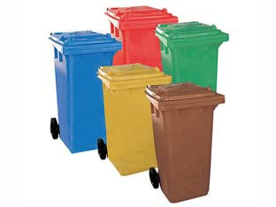 Bidone quadro nettezza urbana con ruote - lt.120, cm.57x47,5x95h. - giallo - HDPE di prima scelta, completo di coperchio e ruote, UNI EN 840-5