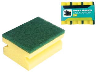 Spugna abrasiva gialla salvadita con fibra verde - cm.9x6,8x4,5 - parte abrasiva verde cm.0,8, impugnatura salvadita