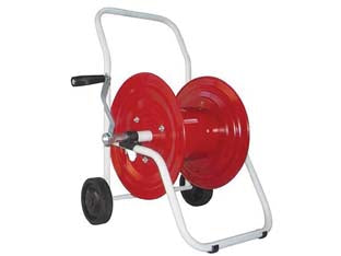 Avvolgitubo carrellato con ruote in plastica - capacità mt.30 di tubo ø est. mm.15 - adatto per l'irrigazione nel settore del giardinaggio professionale, in acciaio bianco verniciato a polvere epossidica, entra...