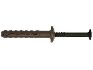 Tassello premontato in nylon bordo piatto con vite zincata nera tbb - ø mm.6x40 vite ø mm.3,8x45 spess.fissaggio mm.10 - tassello in nylon con bordo piatto largo colore testa di moro fornito di vite impronta Pozidrive zincata nera, premontato, id...