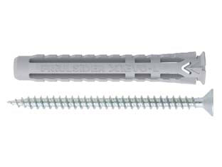 Tassello nylon universale vite tps truciolare zincata bianca x1 evo-l - ø mm.8x60 vite ø mm.5x70 spes.fissaggio mm.5 - tassello universale in nylon a 4 settori lunghezza maggiorata, colore grigio fornito di vite TPS truciolare impronta Pozidriv...