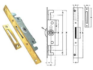 Cremonese triplice chiusura per finestra bordo quadro ottonato - entrata mm.17 - con ganci per applicazione aste, foro quadro mm.7, bordo mm.207x20, controbordo mm.80x18
