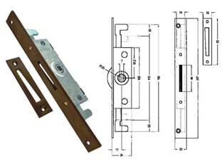 Cremonese triplice chiusura per finestra bordo quadro bronzato - entrata mm.17 - con ganci per applicazione aste, foro quadro mm.7, bordo mm.207x20, controbordo mm.80x18