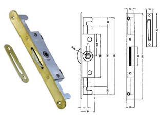 Cremonese triplice chiusura per finestra bordo tondo ottonato - entrata mm.17 - con ganci per applicazione aste, foro quadro mm.7, bordo mm.207x20, controbordo mm.80x18