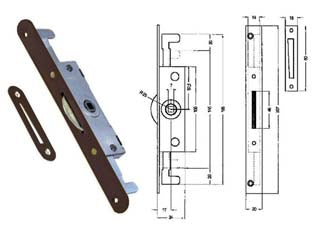 Cremonese triplice chiusura per finestra bordo tondo bronzato - entrata mm.17 - con ganci per applicazione aste, foro quadro mm.7, bordo mm.207x20, controbordo mm.80x18