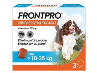 Frontpro compresse masticabili per cani kg.10-25 - confezione 3 compresse - compressa masticabile ad azione mirata contro pulci e zecche, le pulci vengono uccise prima che producano le uova, prevenendo...