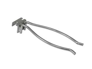 Gancio per barra per esposizione decespugliatore (superiore) - mm.240 l. - in filo cromato, per barra con fori interasse mm.25, con aggancio ABF