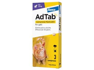 Adtab compresse masticabili per gatti kg.0,5-2 - 3 compresse da mg.12 di lotilaner - elimina pulci e zecche rapidamente, le pulci vengono eliminate prima che possano deporre le uova, efficacia persistente per 1...