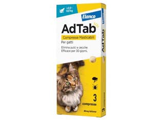 Adtab compresse masticabili per gatti kg.2-8 - 3 compresse da mg.48 di lotilaner - elimina pulci e zecche rapidamente, le pulci vengono eliminate prima che possano deporre le uova, efficacia persistente per 1...