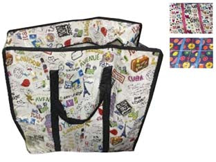 Borsa multiuso fantasy zip - misura cm.20x45x50h. - materiale TNT 145 gr/mq, rivestita PP, manici, chiusura con cerniera, 2 decori assortiti