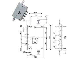 Serratura triplice applicare con scrocco cil. eur. blindate 50137 - mm.63, interasse catenacci mm.37 - in acciaio zincato, catenacci cromati, per cilindro europeo, scrocco reversibile ø 20 azionabile da chiave o maniglia, tripli...