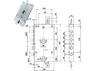 Serratura triplice applicare scrocco doppio cil. eu. blindate 50228 - mm.63, interasse catenacci mm.28 - in acciaio zincato, catenacci cromati, per doppio cilindro europeo, scrocco reversibile ø 20 azionabile da entrambi i cilindr...