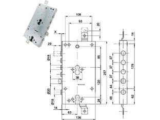 Serratura triplice applicare scrocco doppio cil.eu. blindate 50237 - mm.63, interasse catenacci mm.37 - in acciaio zincato, catenacci cromati, per doppio cilindro europeo, scrocco reversibile ø 20 azionabile da entrambi i cilindr...
