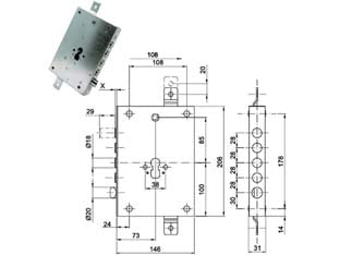 Serratura triplice applicare con scrocco cil. eur. blindate 70128 - mm.73, interasse catenacci mm.28 - in acciaio zincato, catenacci cromati, per cilindro europeo, scrocco reversibile ø 20 azionabile da chiave o maniglia, tripli...