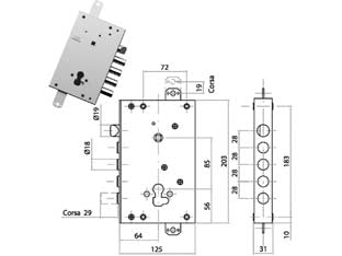 Serratura triplice applicare con scrocco cil. eur. blindate cs128 - mm.64, interasse catenacci mm.28 - in acciaio zincato, catenacci cromati, per cilindro europeo, scrocco reversibile ø mm.20 azionabile da chiave o maniglia, tri...