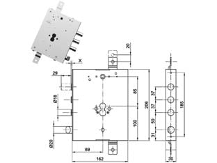 Serratura triplice applicare con scrocco cil. eur. blindate ga137 - mm.89, interasse catenacci mm.37 - in acciaio zincato, catenacci cromati, per cilindro europeo, scrocco reversibile ø 20 azionabile da chiave o maniglia, tripli...