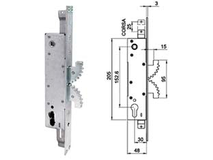 Serratura inf. tripl. burkerlocks montanti doppio gancio c/quad. 4001 - mm.30 - in acciaio zincato, adatta per infissi ad anta e scorrevoli, triplice chiusura con catenacci autobloccanti composti da due ga...