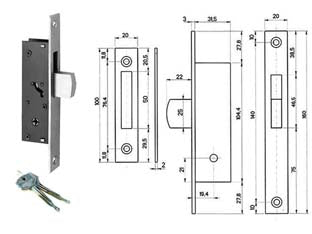 Serratura da infilare per montanti con catenaccio basculante 303 - mm.19,4 (3031420) - in acciaio nichelato per montante a scatola aperta, frontale in acciaio nichelato, catenaccio basculante, chiusura a 1 mandat...