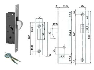 Serratura da infilare per montanti con gancio 304 - mm.19,4 (3041420) - in acciaio nichelato per montante a scatola aperta, frontale in acciaio nichelato, gancio basculante, chiusura a 1 mandata, i...